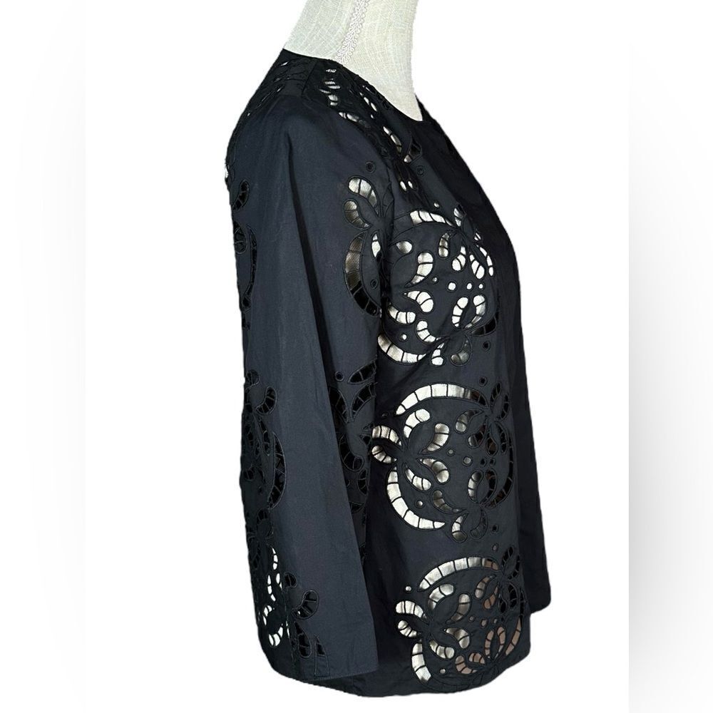 Theory Womens Black Eyelet Floral Embroidered Cotton Poplin Shirt - Picture 4 of 7